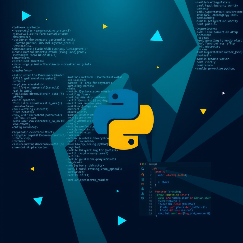 Abstract background featuring Python code snippets, geometric patterns, and PyCharm IDE interface elements in deep navy and teal colors creating a modern developer aesthetic
