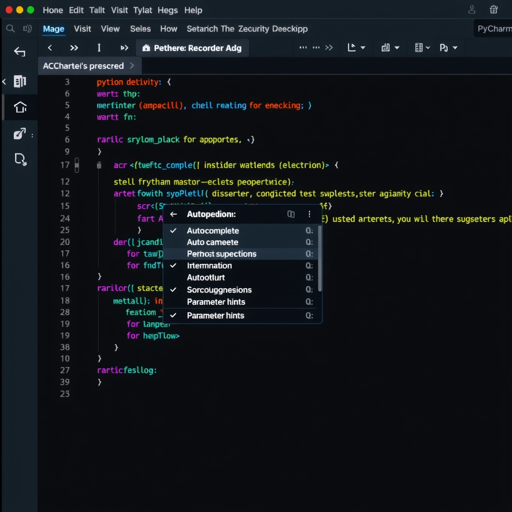 PyCharm IDE interface showing intelligent code completion suggestions with Python code, autocomplete dropdown menu displaying method suggestions, and parameter hints in a modern dark-themed editor