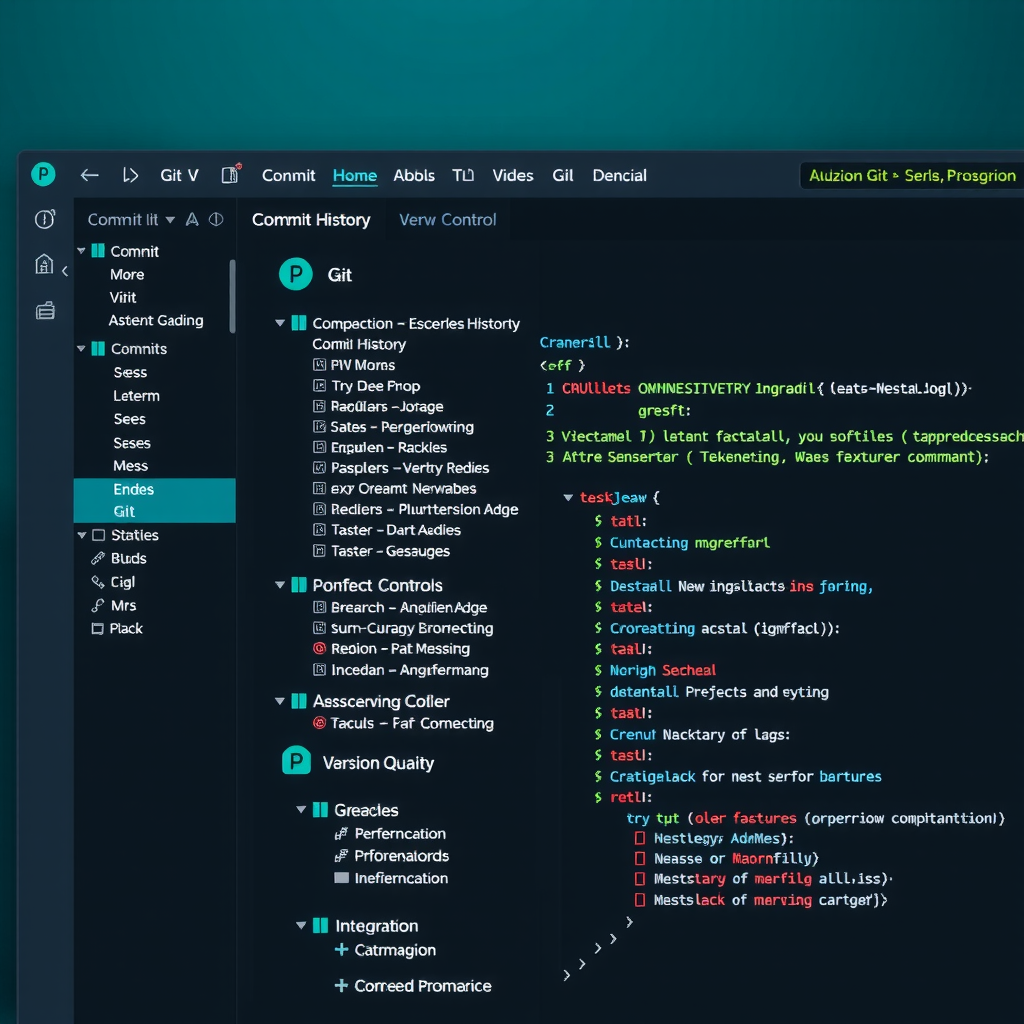 PyCharm IDE interface showing the Git integration panel with commit history, branch visualization, and version control tools in a dark theme with teal accents