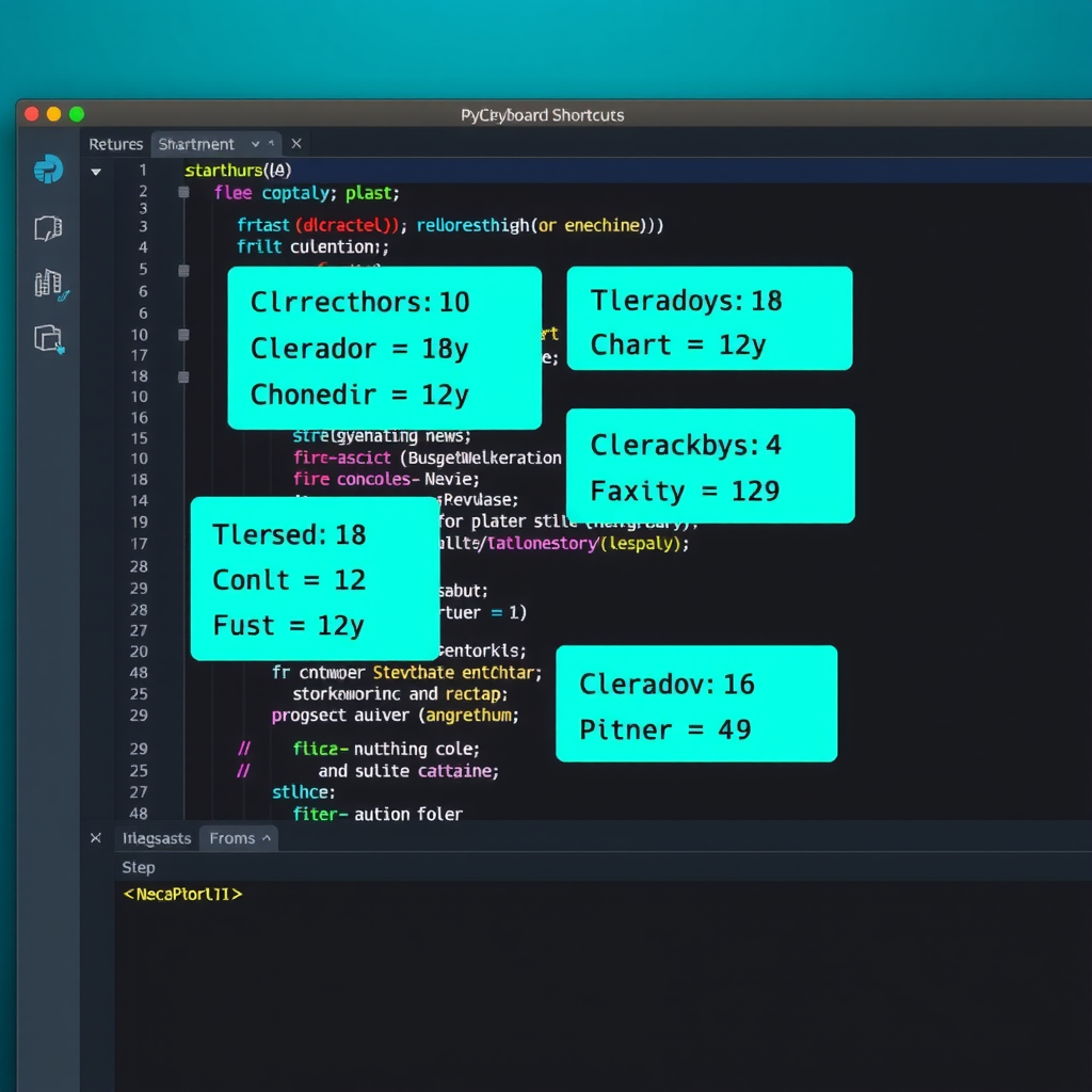 Illustration showing PyCharm IDE interface with highlighted keyboard shortcuts overlay, featuring code editor with Python syntax highlighting and shortcut key combinations displayed in vibrant teal boxes