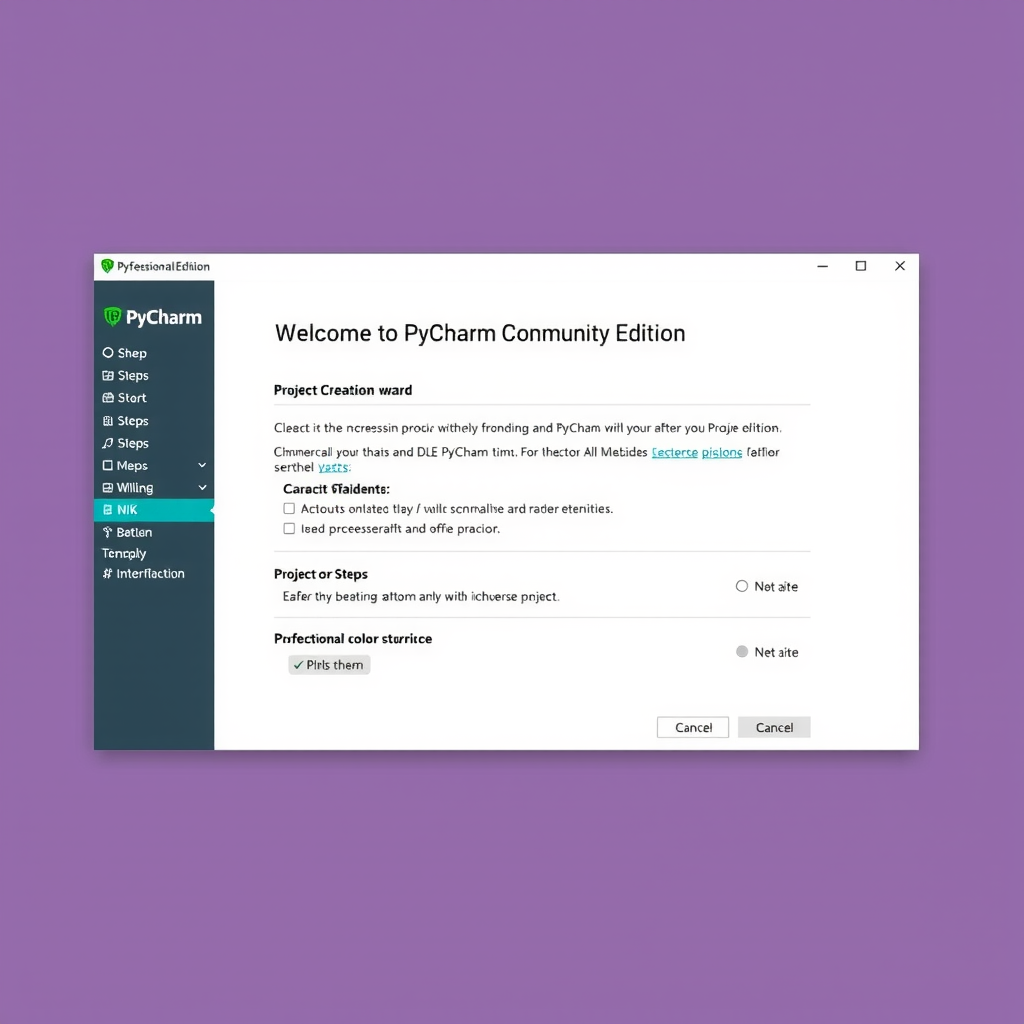 Screenshot of PyCharm Community Edition welcome screen showing project creation wizard, with installation steps and configuration options visible, featuring clean IDE interface with teal accent highlights