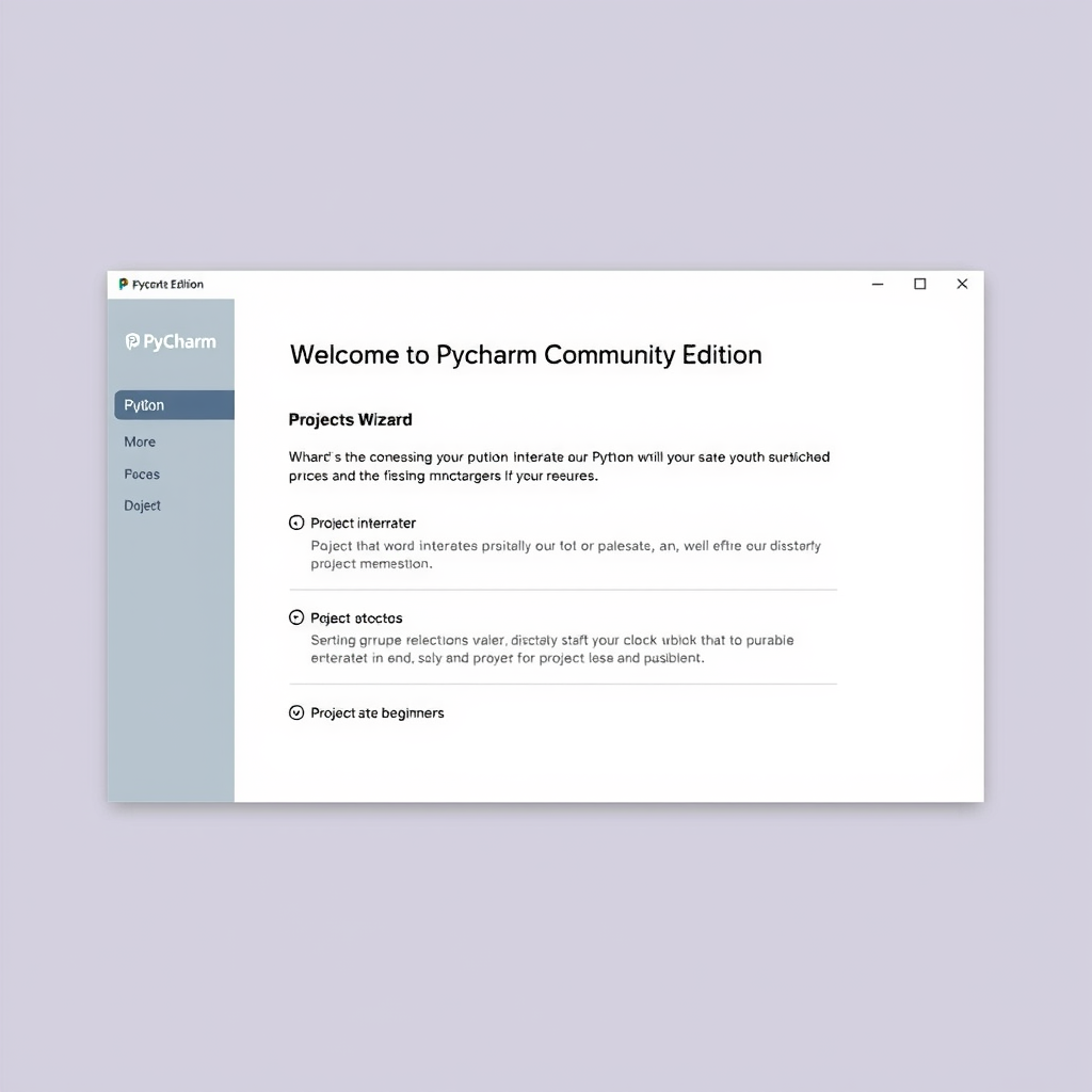 Screenshot of PyCharm Community Edition welcome screen showing project creation wizard, with clean interface displaying Python interpreter selection and project structure setup options for beginners