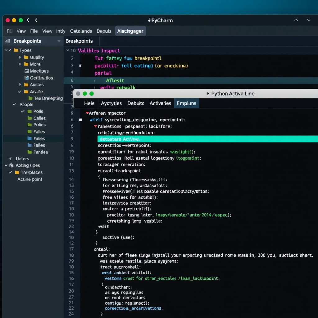 PyCharm debugger interface showing breakpoints panel, variables inspector, and debug console with Python code execution paused at a breakpoint, featuring red breakpoint markers and teal highlighted active line