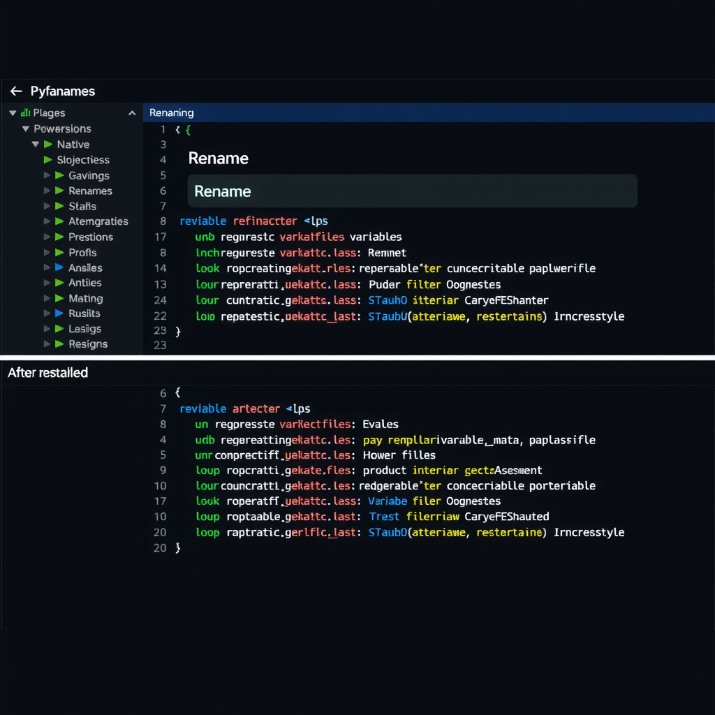 PyCharm refactoring interface displaying the rename dialog with preview of all affected files and code changes, showing before and after comparison of variable renaming across multiple files