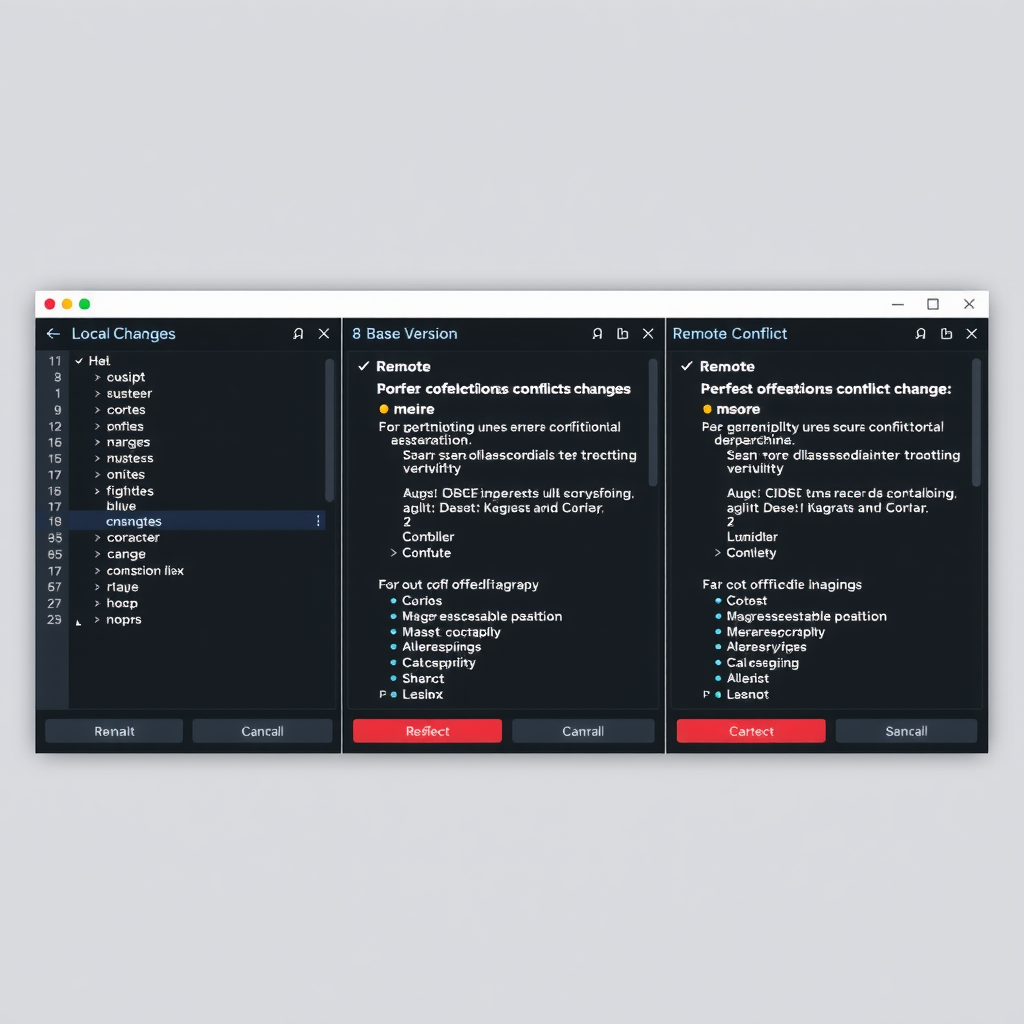 PyCharm three-way merge conflict resolution interface showing three panels with local changes on left, base version in center, and remote changes on right, with conflict markers highlighted and resolution buttons