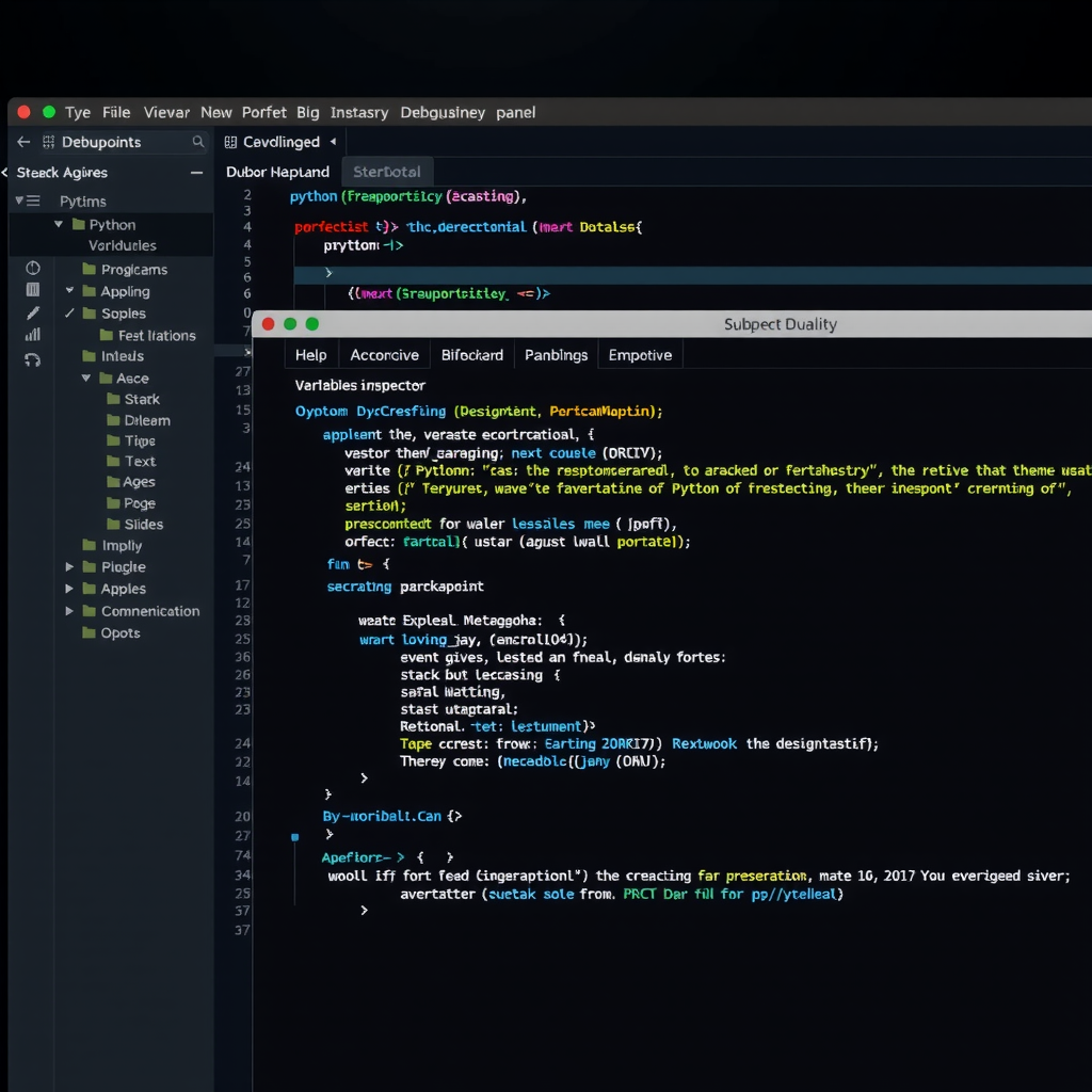 PyCharm debugger interface showing breakpoints panel, variables inspector, and debug console with Python code execution paused at a breakpoint, displaying stack trace and variable values in professional dark theme