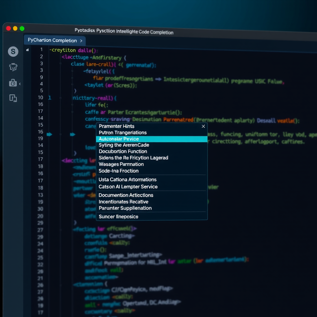 PyCharm code editor displaying intelligent code completion popup with Python function suggestions, parameter hints, and documentation preview, showing AI-powered autocomplete suggestions in teal-highlighted dropdown menu