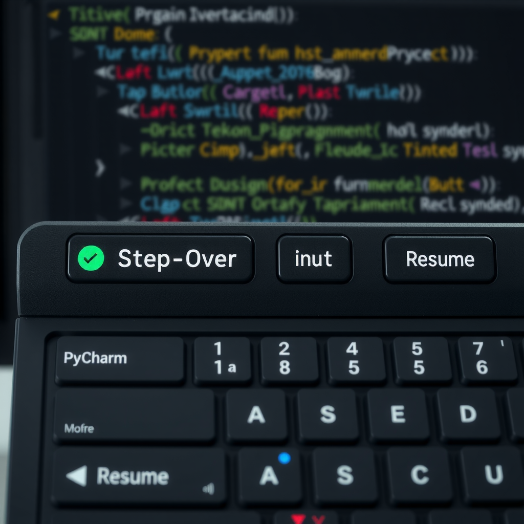 PyCharm debug toolbar showing step over, step into, step out, and resume buttons with keyboard shortcuts displayed