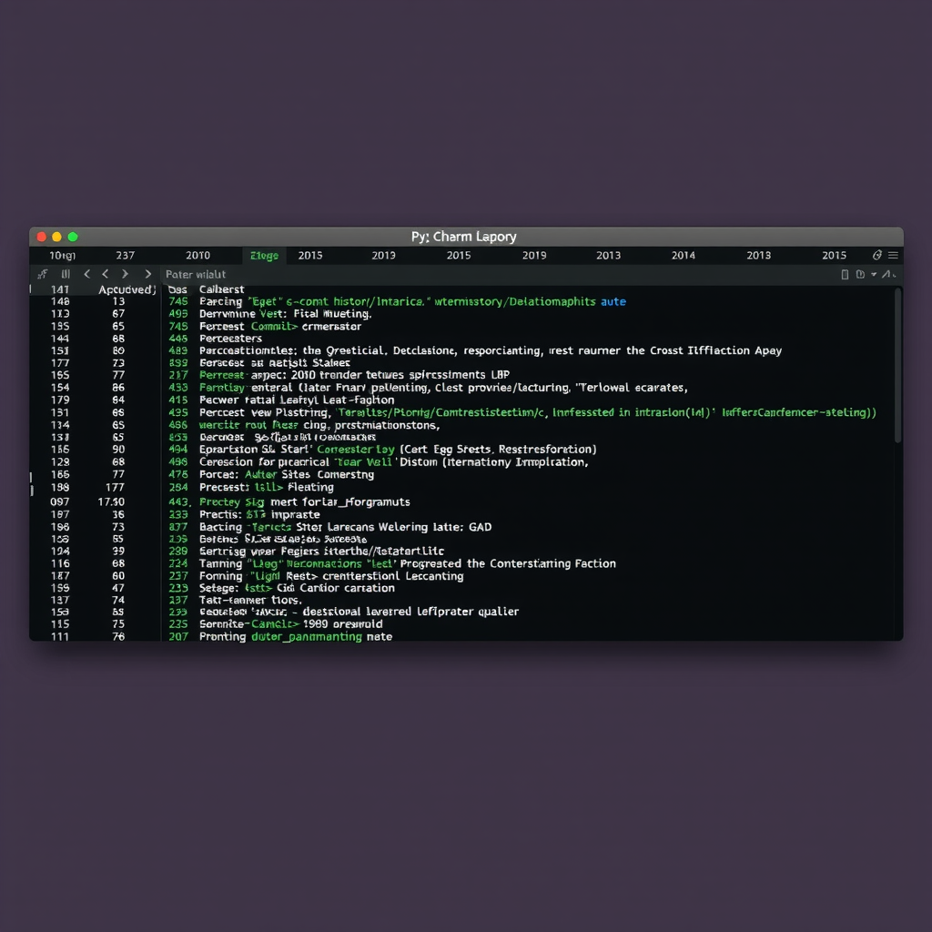 PyCharm Git log window showing commit history timeline with branch visualization, commit messages, author information, and graphical representation of branch merges and divergences