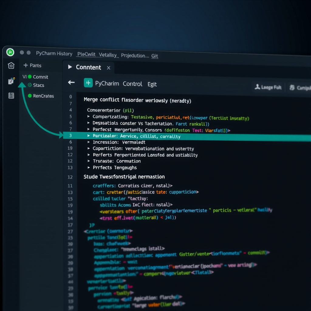 PyCharm Git integration interface showing version control panel with commit history, branch visualization, and merge conflict resolution tools, featuring green commit indicators and teal branch highlights