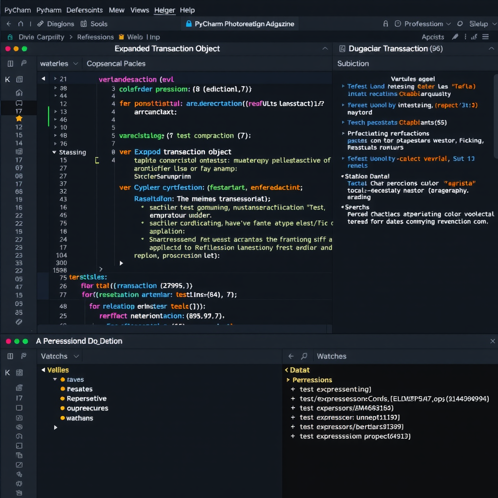 PyCharm debugging session showing code editor with breakpoints, variables panel with expanded transaction object, watches panel monitoring total and count, and debug console with test expressions